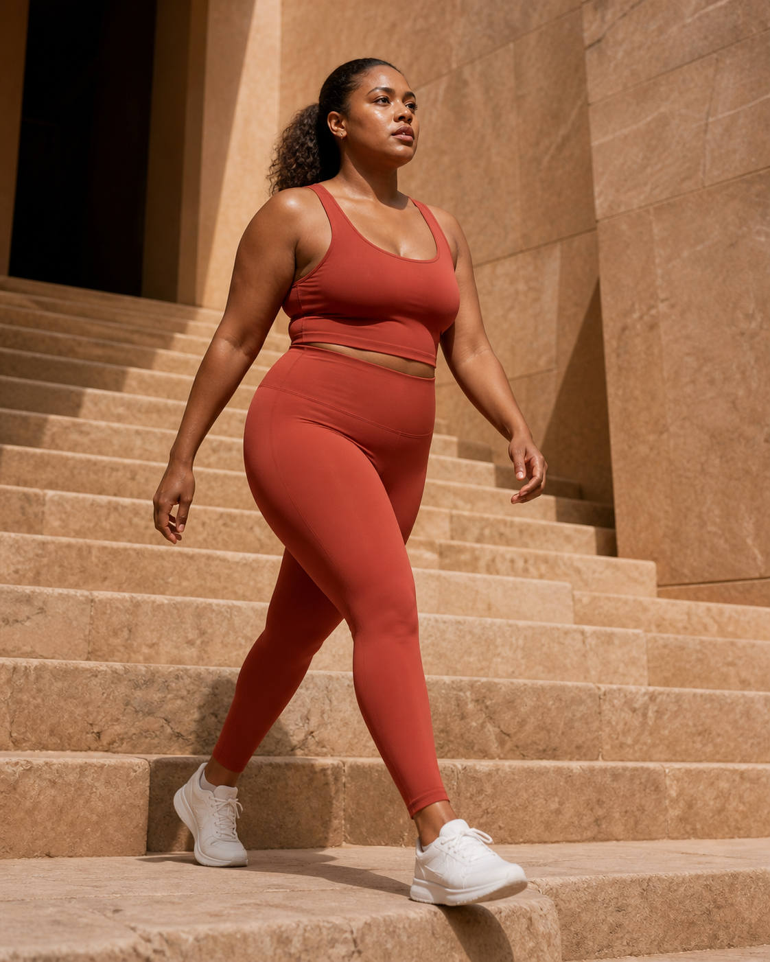 Woman in a clay matching activewear set walking on sculptural stone steps