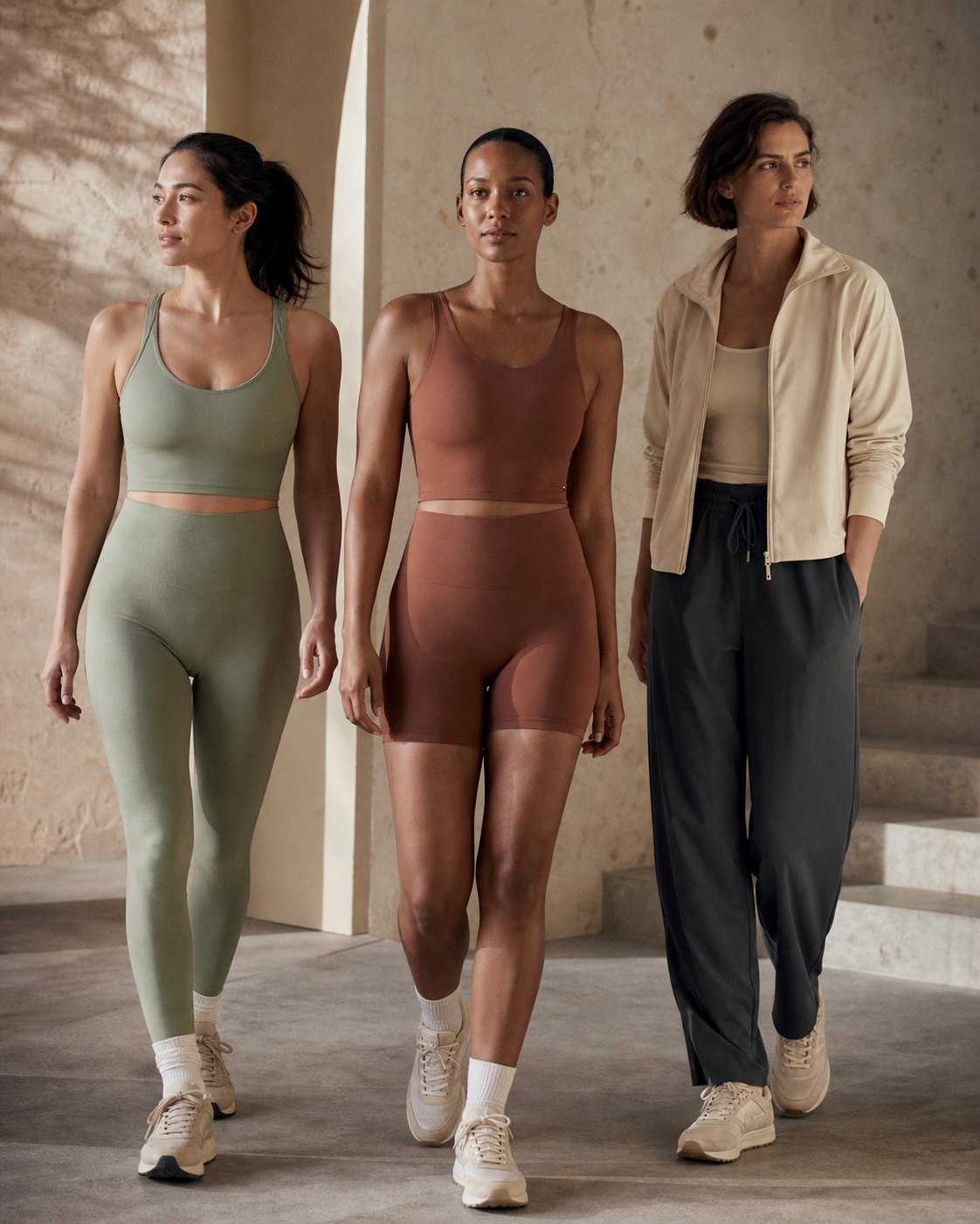Three women wearing a focused selection of sage clay and graphite looks