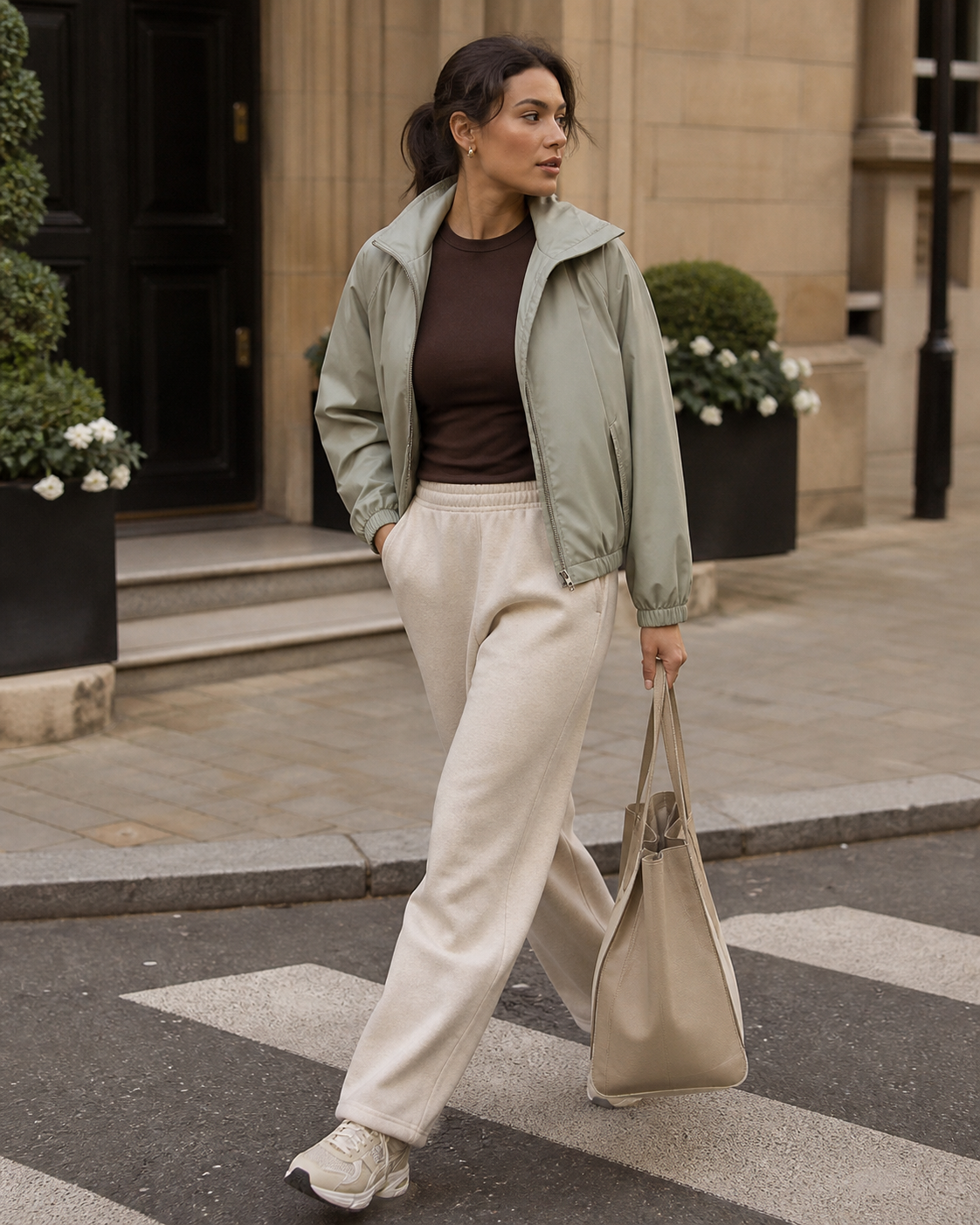 Woman in a sage jacket and oat joggers walking through a city courtyard