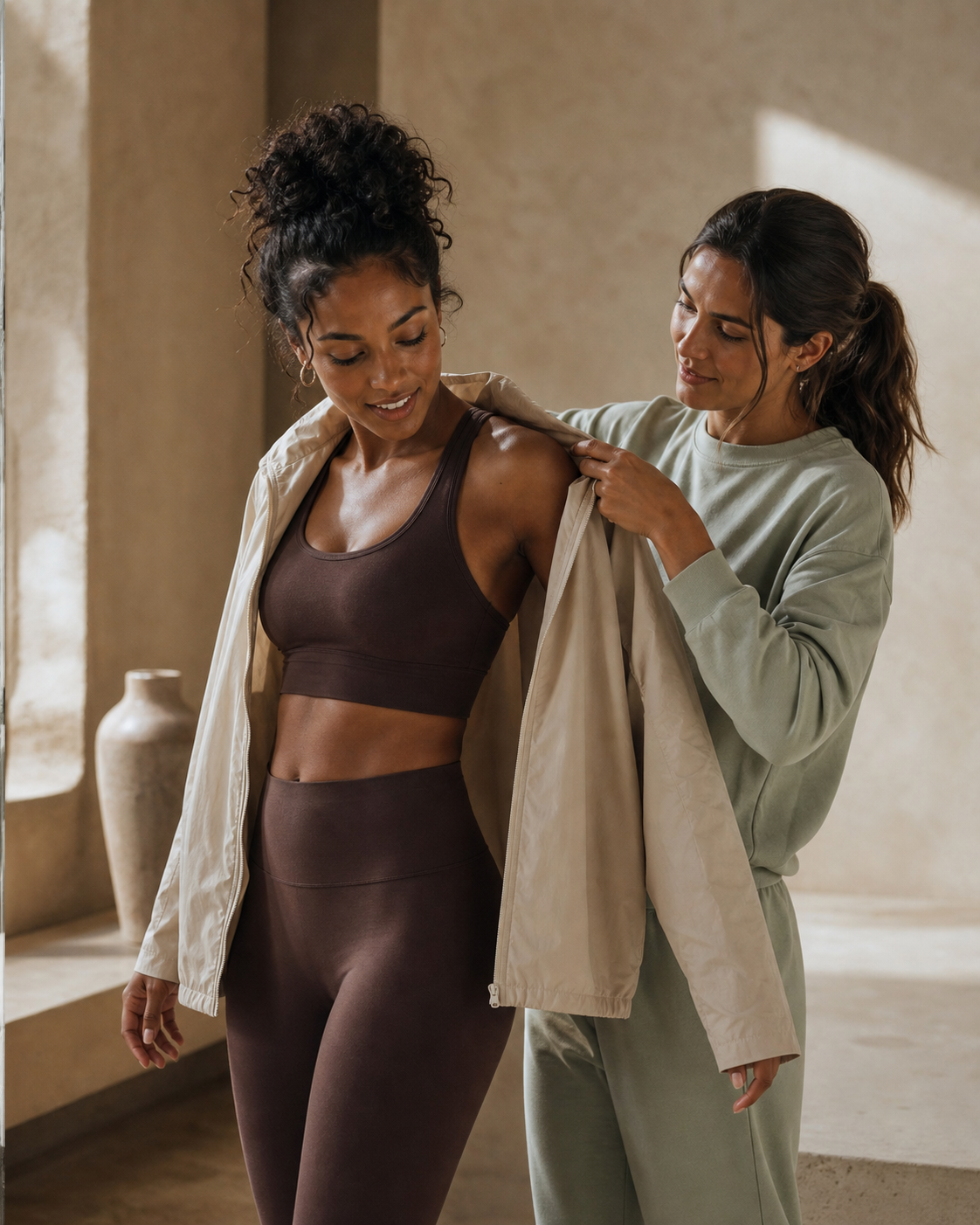 Two women sharing a candid layering moment with an oat jacket