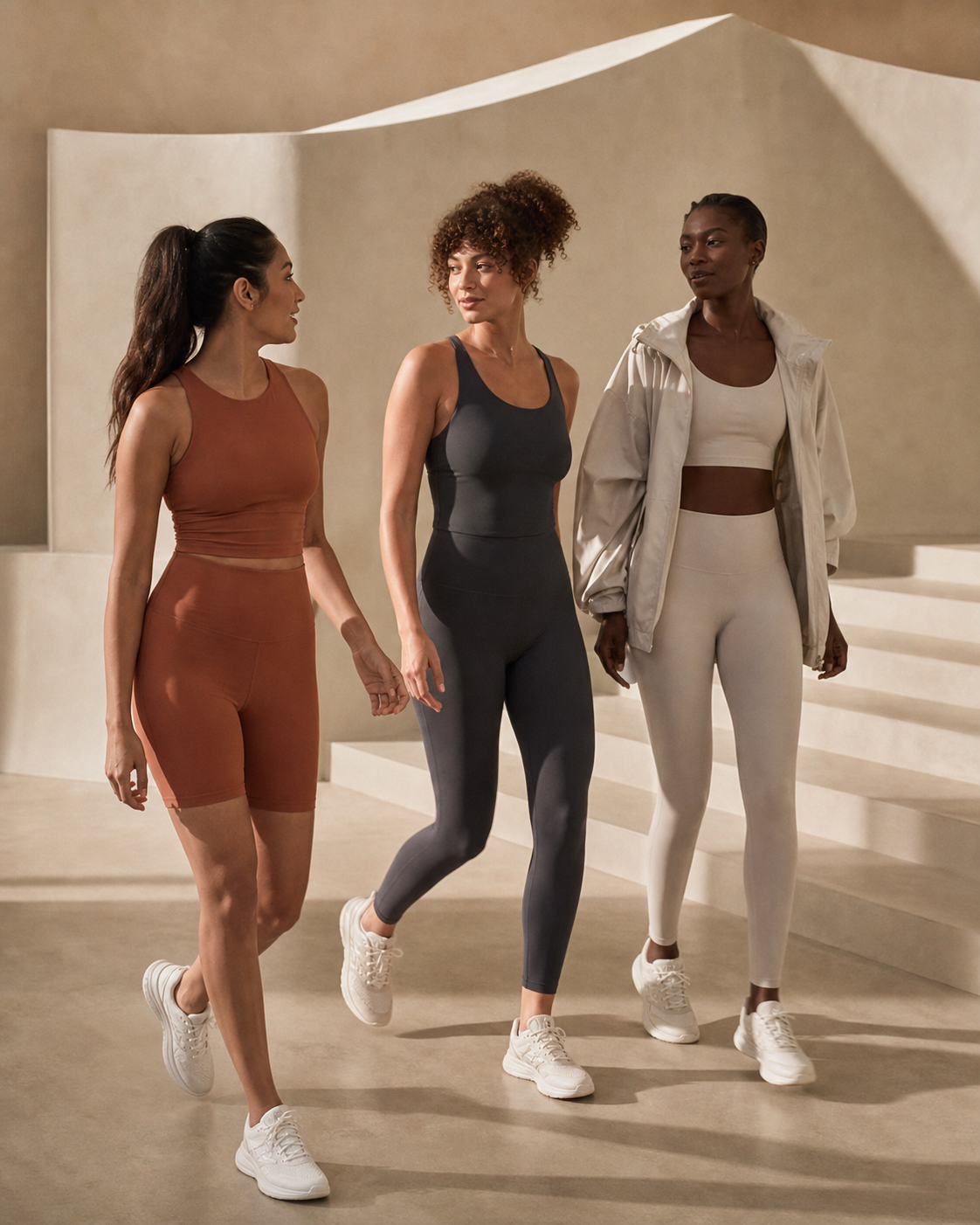 Three women in a considered edit of activewear and athleisure looks
