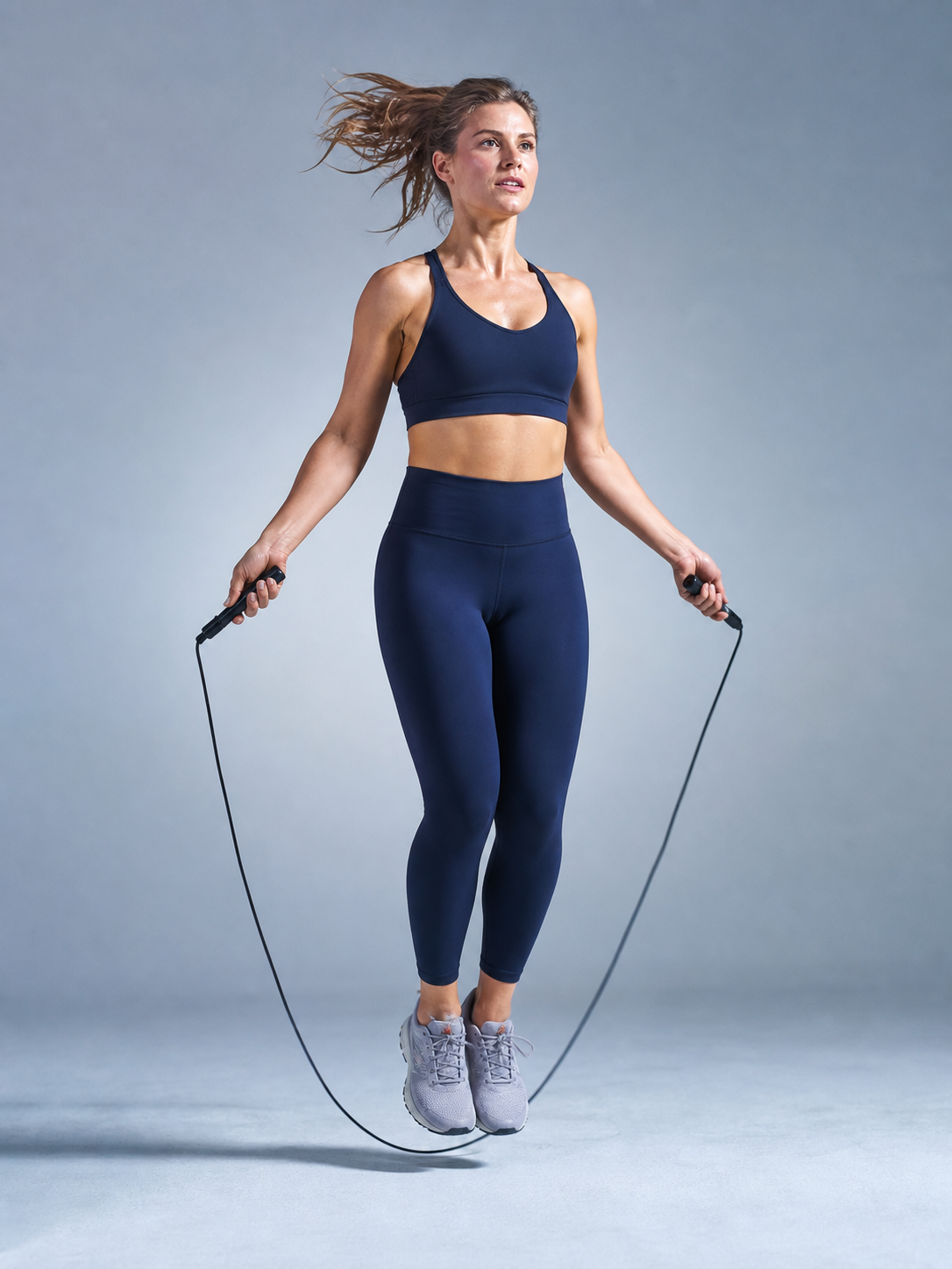 Woman jumping rope in a navy activewear set